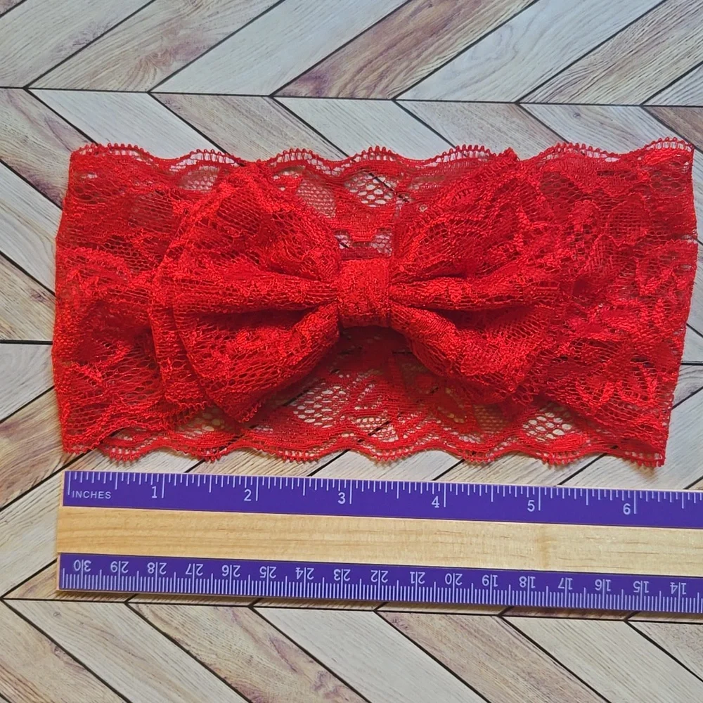 Set of 2 Wide Lace Bow Headbands Orange & Red Stretch Hairband Handmade Bundle
